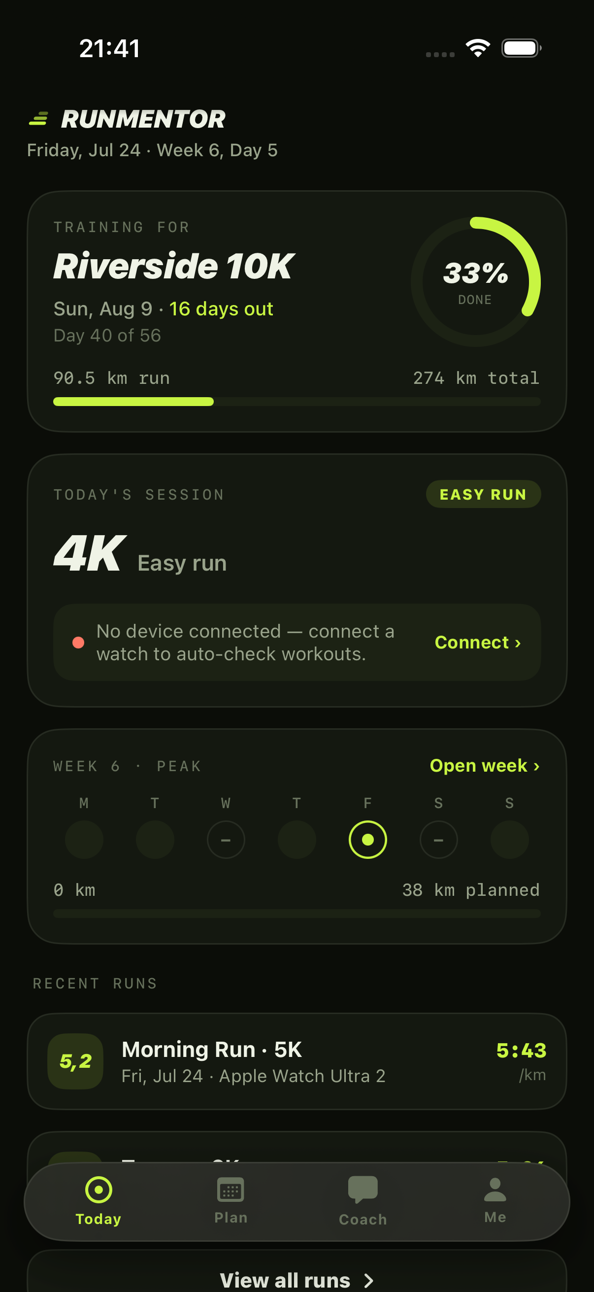 Runs synced from Garmin and Apple Watch